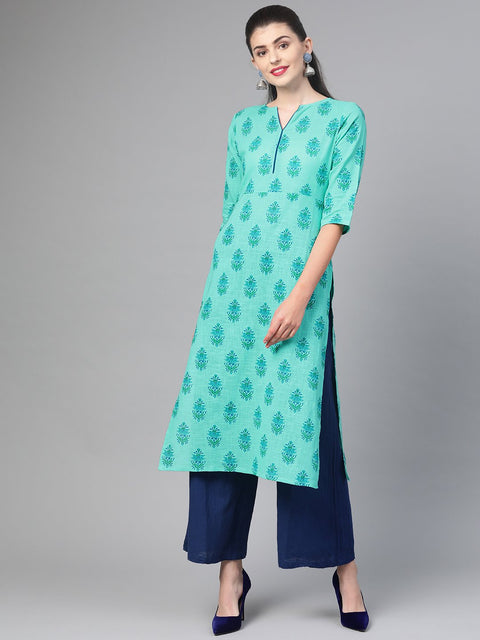 Nayo Women Blue & Green Cotton Straight Floral Printed Kurta