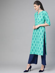 Nayo Women Blue & Green Cotton Straight Floral Printed Kurta