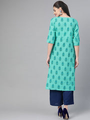 Nayo Women Blue & Green Cotton Straight Floral Printed Kurta