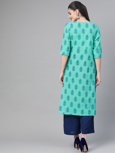 Nayo Women Blue & Green Cotton Straight Floral Printed Kurta