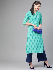 Nayo Women Blue & Green Cotton Straight Floral Printed Kurta