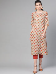 Nayo Women Cream & Orange Cotton Straight Floral Printed Kurta