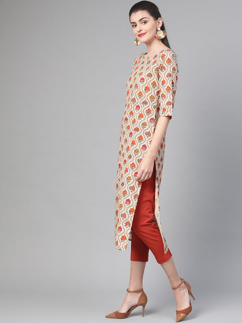 Nayo Women Cream & Orange Cotton Straight Floral Printed Kurta
