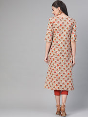 Nayo Women Cream & Orange Cotton Straight Floral Printed Kurta