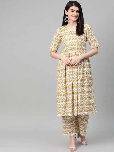 Nayo Women Off White & Mustard Anarkali Floral Printed Kurta And Palazzos Set