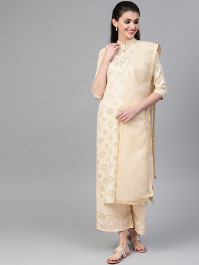 Nayo Women Cream & Gold Straight Ethnic Motifs Printed Kurta And Palazzos Set