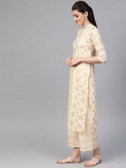 Nayo Women Cream & Gold Straight Ethnic Motifs Printed Kurta And Palazzos Set