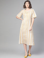 Nayo Women Off White & Mustard Striped Striped A-Line Dress