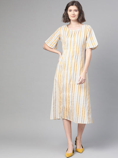 Nayo Women Off White & Mustard Striped Striped A-Line Dress