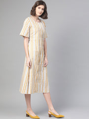 Nayo Women Off White & Mustard Striped Striped A-Line Dress