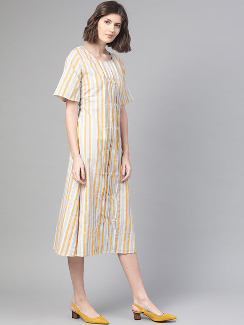 Nayo Women Off White & Mustard Striped Striped A-Line Dress