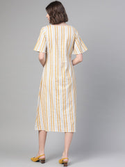 Nayo Women Off White & Mustard Striped Striped A-Line Dress