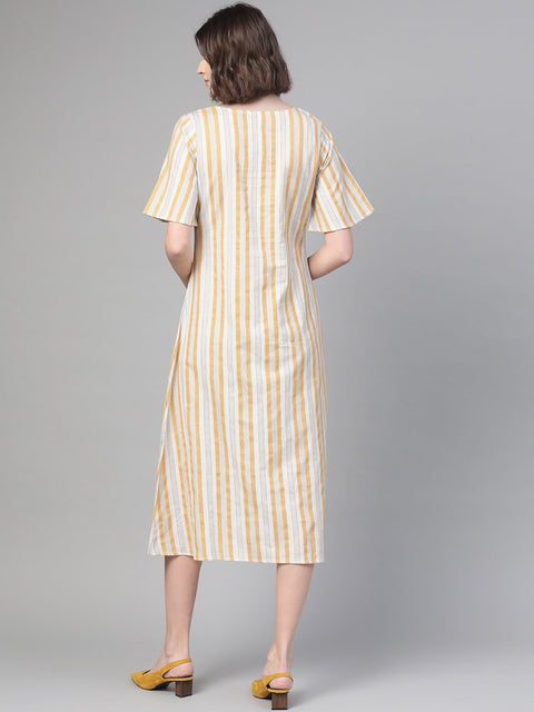 Nayo Women Off White & Mustard Striped Striped A-Line Dress