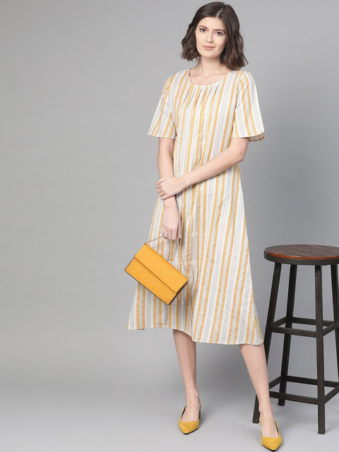 Nayo Women Off White & Mustard Striped Striped A-Line Dress