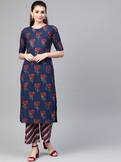 Nayo Women Blue & Red Straight Floral Printed Kurta And Palazzos Set