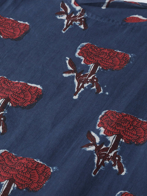 Nayo Women Blue & Red Straight Floral Printed Kurta And Palazzos Set
