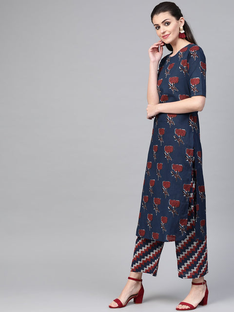 Nayo Women Blue & Red Straight Floral Printed Kurta And Palazzos Set
