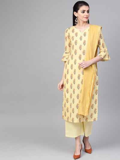 Nayo Women Yellow & Brown Straight Ethnic Motifs Printed Kurta And Palazzos Set