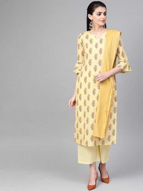 Nayo Women Yellow & Brown Straight Ethnic Motifs Printed Kurta And Palazzos Set