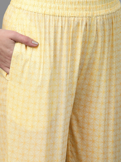 Nayo Women Yellow & Brown Straight Ethnic Motifs Printed Kurta And Palazzos Set