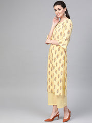 Nayo Women Yellow & Brown Straight Ethnic Motifs Printed Kurta And Palazzos Set