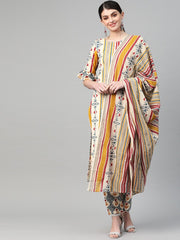 Women White & Maroon Straight Striped Striped Kurta And Palazzos Set
