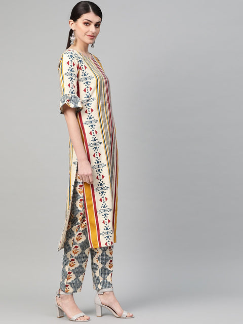 Women White & Maroon Straight Striped Striped Kurta And Palazzos Set