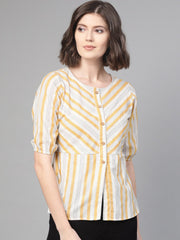 Nayo Women Off White & Mustard Peplum Striped Top