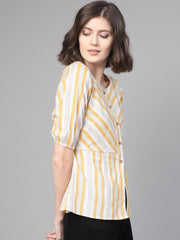Nayo Women Off White & Mustard Peplum Striped Top