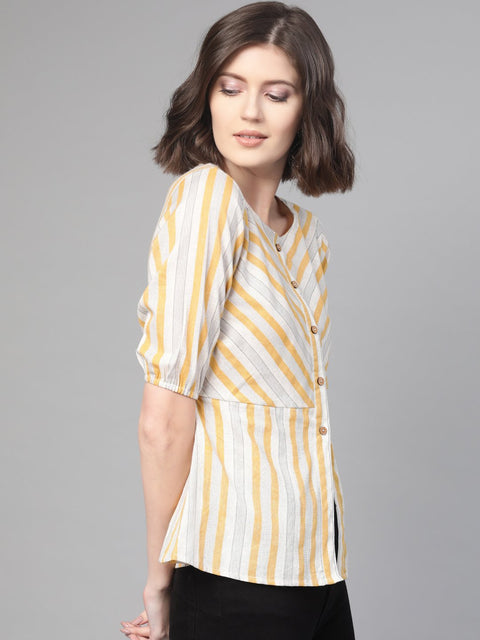 Nayo Women Off White & Mustard Peplum Striped Top