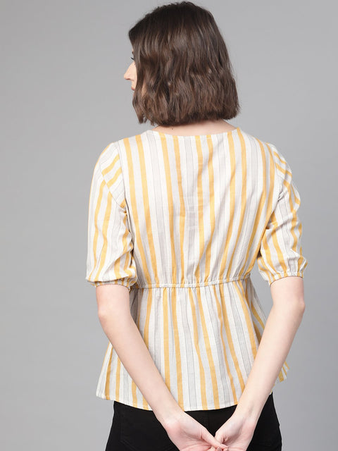Nayo Women Off White & Mustard Peplum Striped Top