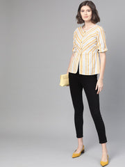 Nayo Women Off White & Mustard Peplum Striped Top