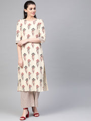 Nayo Women Off White & Red Straight Ethnic Motifs Printed Kurta And Palazzos Set