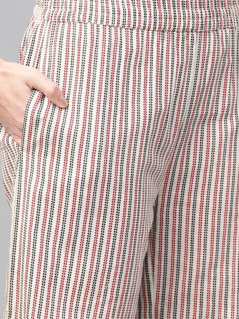 Nayo Women Off White & Red Straight Ethnic Motifs Printed Kurta And Palazzos Set