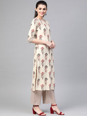 Nayo Women Off White & Red Straight Ethnic Motifs Printed Kurta And Palazzos Set