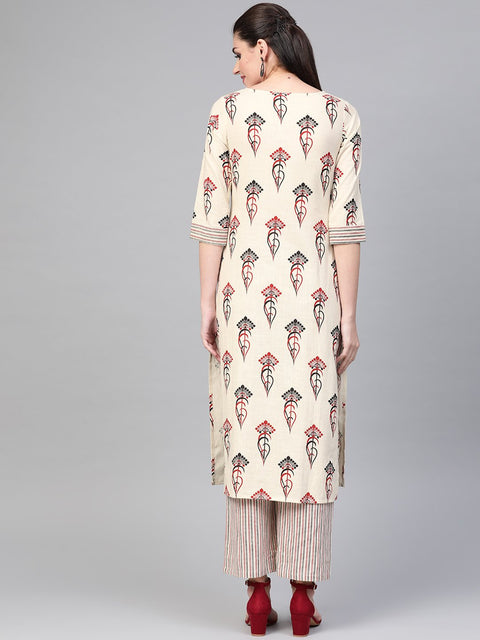 Nayo Women Off White & Red Straight Ethnic Motifs Printed Kurta And Palazzos Set