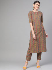 Nayo Women Green & Red Straight Geometric Printed Kurta And Palazzos Set