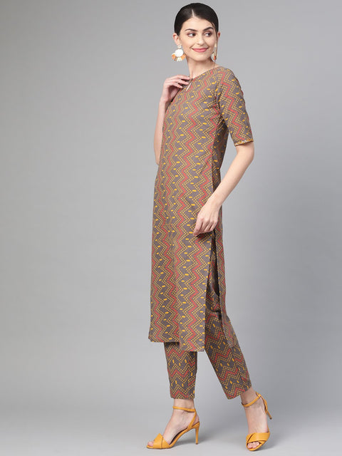 Nayo Women Green & Red Straight Geometric Printed Kurta And Palazzos Set