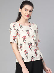 Nayo Women Off White & Red Regular Printed Top