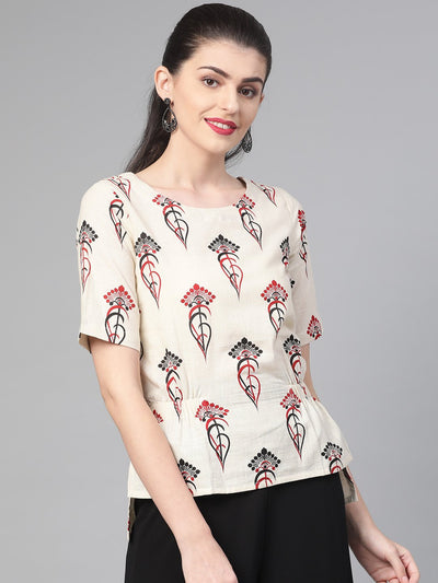 Nayo Women Off White & Red Regular Printed Top