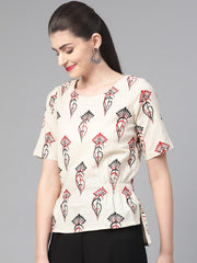 Nayo Women Off White & Red Regular Printed Top