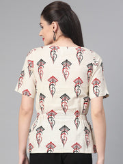 Nayo Women Off White & Red Regular Printed Top