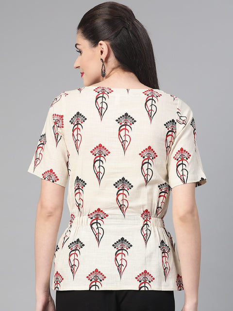 Nayo Women Off White & Red Regular Printed Top