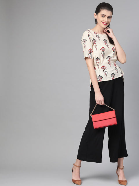 Nayo Women Off White & Red Regular Printed Top