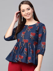 Nayo Women Blue & Red Peplum Printed Top