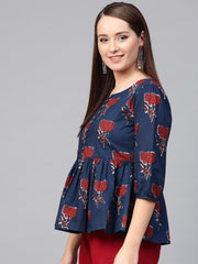 Nayo Women Blue & Red Peplum Printed Top