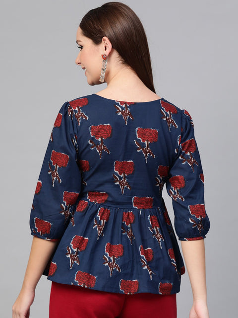 Nayo Women Blue & Red Peplum Printed Top