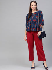 Nayo Women Blue & Red Peplum Printed Top