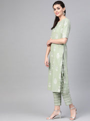 Nayo Women Green & white Straight Ethnic Motifs Printed Kurta And Trousers Set