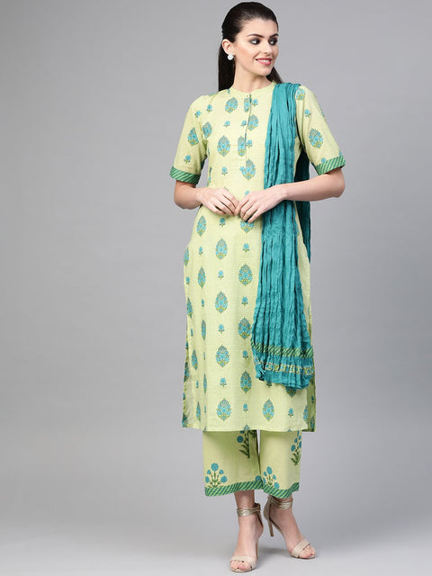 Nayo Women Green & Blue Straight Ethnic Motifs Printed Kurta And Palazzos Set